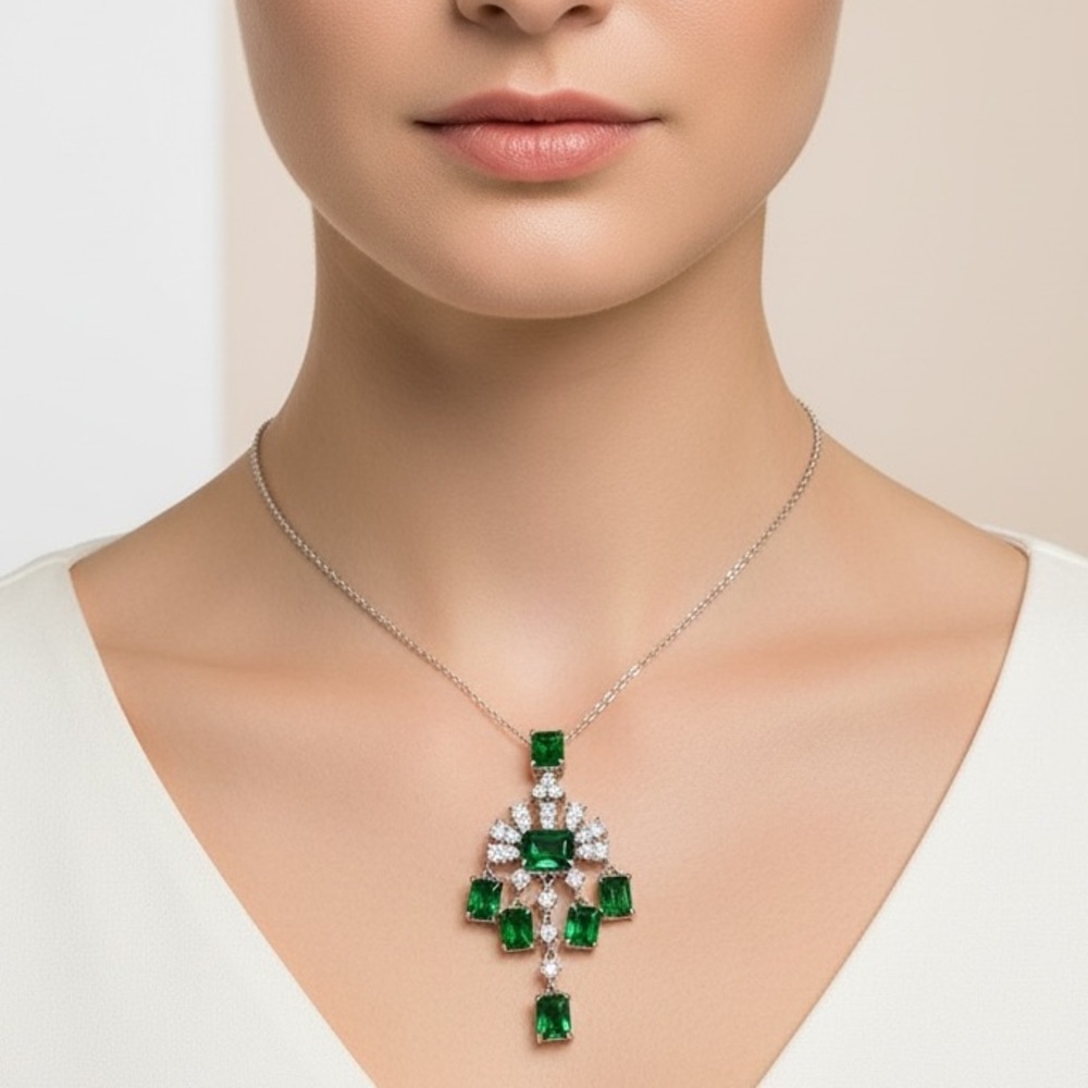 Vintage Emerald Sterling Silver Gemstone Statement Necklace